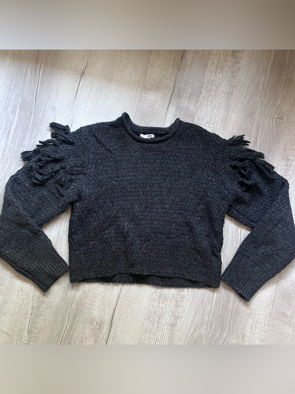 Amuse Society Dark Gray Fringe Detail Crewneck Sweater Crop 5% Wool